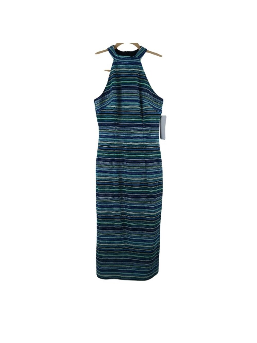 NWT London Times 4 Striped High Neck Midi Dress Green Blue Multi Colored